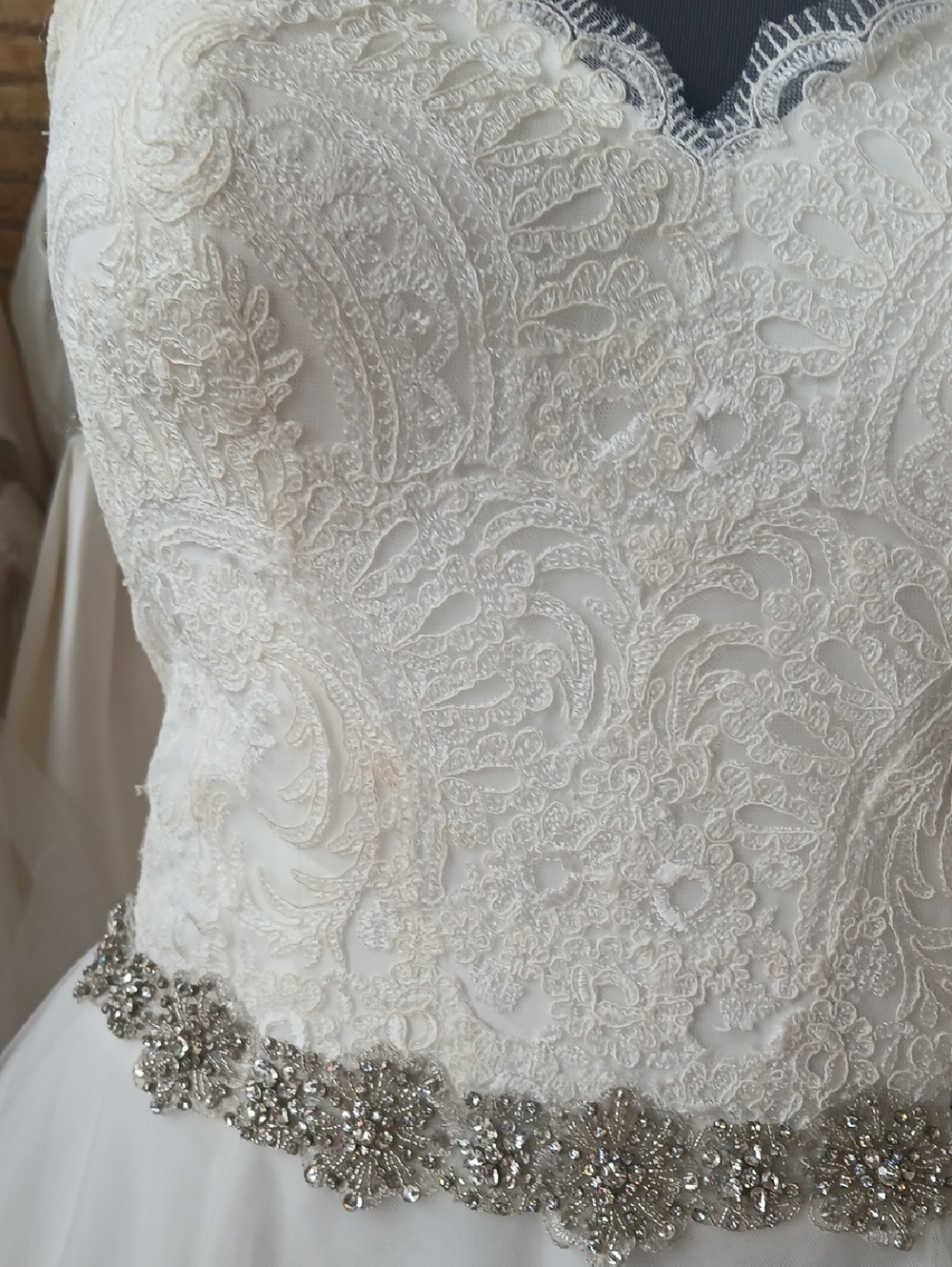 Strapless Lace Bodice Tulle Ballgown Wedding Dress with Beaded Waist - Picture 3 of 7